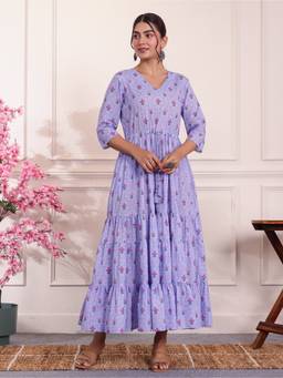 ARAMYA - Women Lavender Soft Cotton Anarkali Floral Print Dress