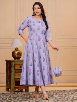 ARAMYA - Lavender Soft Cotton Anarkali Floral Print Dress