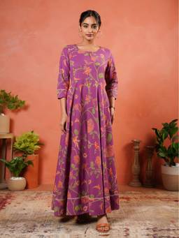 ARAMYA - Purple Linen Cotton Anarkali Floral Print Dress