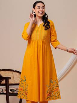 ARAMYA - Yellow Soft cotton Flared Embroidered Kurta