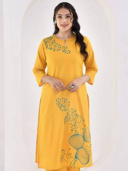 ARAMYA - Yellow Soft cotton Straight Embroidered Kurta