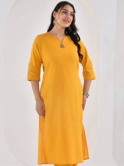 ARAMYA - Yellow Soft cotton Straight Stripes Kurta