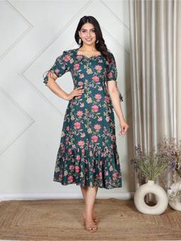 ARAMYA - Green Soft Cotton Flared Floral Print Dress