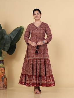ARAMYA - Maroon Soft Cotton Anarkali Ajrakh Print Dress