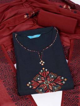 Kami Kubi - Blue Cotton with Mirror Work Unstitched Fabric with Dupatta