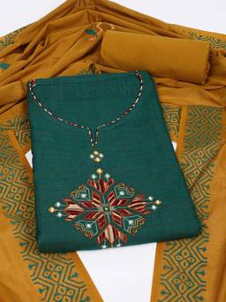 Kami Kubi - Green Cotton with Mirror Work Unstitched Fabric with Dupatta