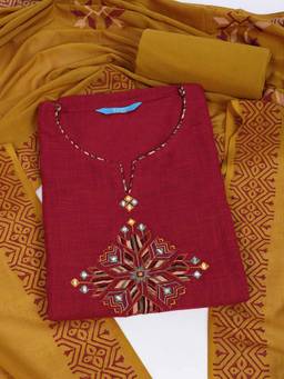 Kami Kubi - Maroon Cotton with Mirror Work Unstitched Fabric with Dupatta