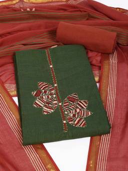 Kami Kubi - Green Cotton with Applique, Mirror Work Unstitched Fabric with Dupatta