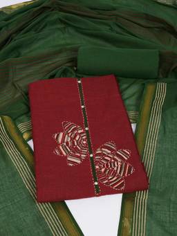 Kami Kubi - Maroon Cotton with Applique, Mirror Work Unstitched Fabric with Dupatta
