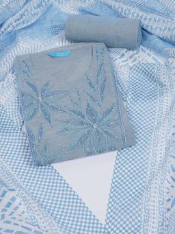 Kami Kubi - Blue Cotton with Embroidery Unstitched Fabric with Dupatta