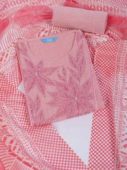 Kami Kubi - Pink Cotton with Embroidery Unstitched Fabric with Dupatta