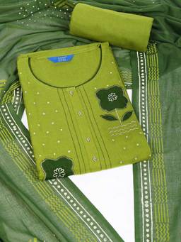 Kami Kubi - Green Cotton with Floral Embroidery Unstitched Fabric with Dupatta
