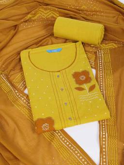 Kami Kubi - Yellow Cotton with Floral Embroidery Unstitched Fabric with Dupatta