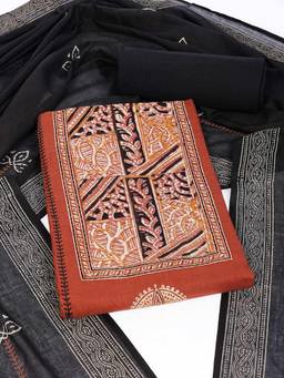 Kami Kubi - Rust Cotton with Kalamkari Yoke Unstitched Fabric with Dupatta