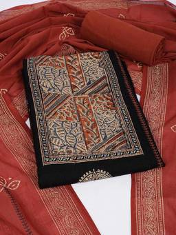 Kami Kubi - Black Cotton with Kalamkari Yoke Unstitched Fabric with Dupatta