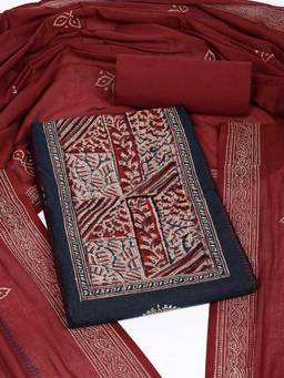 Kami Kubi - Blue Cotton with Kalamkari Yoke Unstitched Fabric with Dupatta