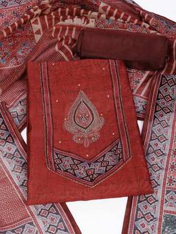 Kami Kubi - Rust Art Silk with Embroidered Yoke Unstitched Fabric with Dupatta