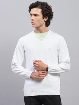 Monte Carlo - Mens White Solid V Neck Full Sleeves Sweater