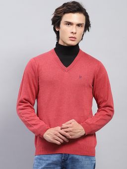Monte Carlo - Mens Red Solid V Neck Full Sleeves Sweater
