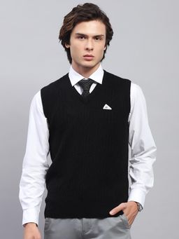 Monte Carlo - Mens Black Self Design V Neck Sleeveless Sweater