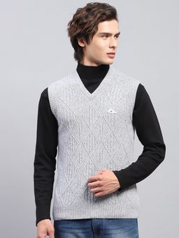 Monte Carlo - Mens Grey Self Design V Neck Sleeveless Sweater