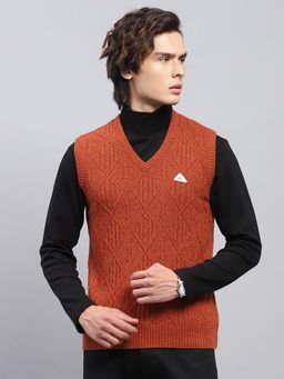 Monte Carlo - Mens Rust Self Design V Neck Sleeveless Sweater
