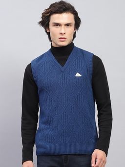 Monte Carlo - Mens Navy Blue Self Design V Neck Sleeveless Sweater