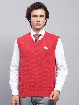 Monte Carlo - Mens Red Self Design V Neck Sleeveless Sweater