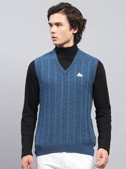 Monte Carlo - Mens Navy Blue Self Design V Neck Sleeveless Sweater