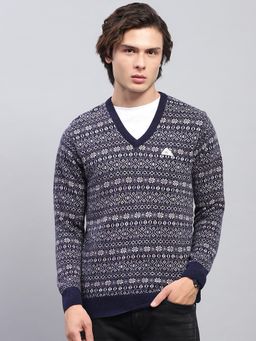 Monte Carlo - Mens Navy Blue Floral Design V Neck Full Sleeves Sweater