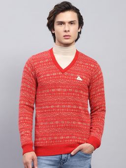 Monte Carlo - Mens Red Floral Design V Neck Full Sleeves Sweater