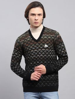 Monte Carlo - Mens Black Self Design V Neck Full Sleeves Sweater