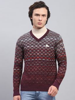 Monte Carlo - Mens Wine Self Design V Neck Full Sleeves Sweater