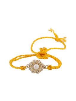 Estele - Gold Plated Moonlight Pearl Floral Rakhi with Crystals & Fancy Silk Thread