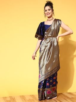 Sareemall - Silk Blend Navy Blue Woven Design Saree With Unstitched Blouse