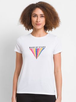 Spykar - White Cotton Blend Half Sleeve Printed Casual T-shirt For Women