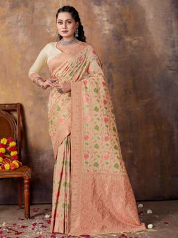 Sangam Prints - Cream Silk Resham Dori Work Traditional Tassel Saree with Unstitched Blouse
