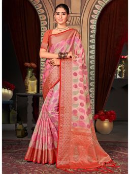 Sangam Prints - Pink Organza Woven Zari Work Traditional Tassel Saree with Unstitched Blouse