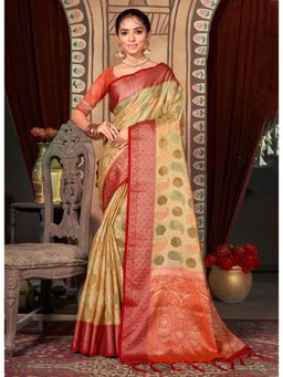 Sangam Prints - Cream Organza Woven Zari Work Traditional Tassel Saree with Unstitched Blouse