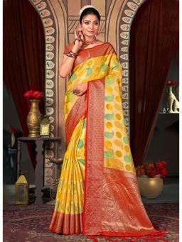 Sangam Prints - Yellow Organza Woven Zari Work Traditional Tassel Saree with Unstitched Blouse