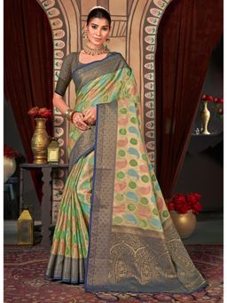 Sangam Prints - Beige Organza Woven Zari Work Traditional Tassel Saree with Unstitched Blouse