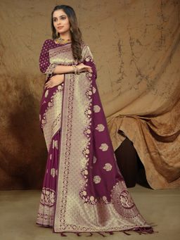 Sangam Prints - Wine Banarasi Silk Woven Zari Work Traditional Tassel Saree with Unstitched Blouse