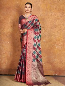 Sangam Prints - Wine Organza Traditional Tassel Saree with Unstitched Blouse