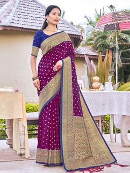Sangam Prints - Wine Banarasi Silk Woven Zari Work Traditional Tassel Saree with Unstitched Blouse