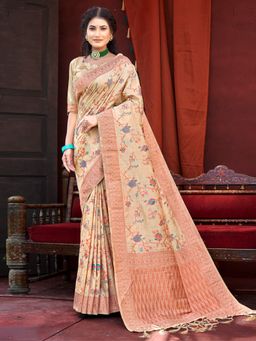 Sangam Prints - Cream Silk Resham Dori Work Traditional Tassel Saree with Unstitched Blouse