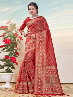 Sangam Prints - Red Organza Woven Zari Work Traditional Tassel Saree with Unstitched Blouse