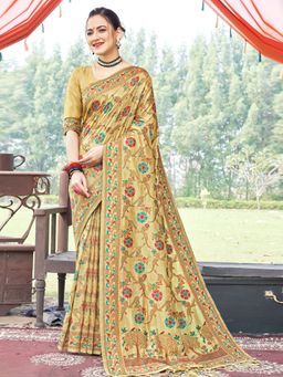 Sangam Prints - Beige Silk Resham Dori Work Traditional Tassel Saree with Unstitched Blouse