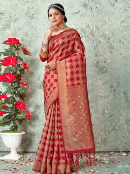 Sangam Prints - Red Organza Traditional Tassel Saree with Unstitched Blouse
