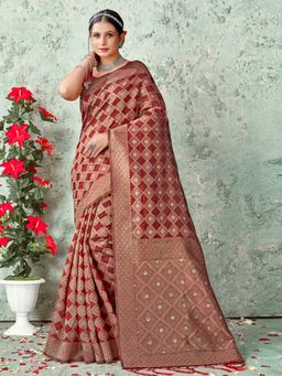 Sangam Prints - Maroon Organza Traditional Tassel Saree with Unstitched Blouse