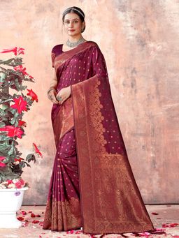 Sangam Prints - Wine Silk Woven Zari Work Traditional Tassel Saree with Unstitched Blouse